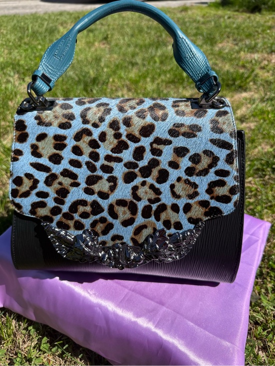 Sharif Handbags - Sharif Legacy Leopard Haircalf and Epi Leather Engraved Leaf Satchel.